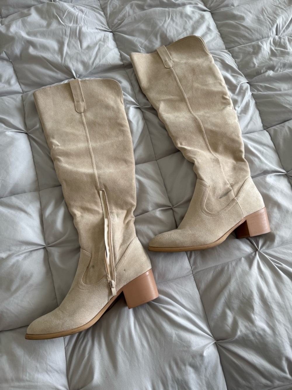Over-the-Knee Cream Suede Boots with Block Heel